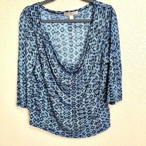 Michael Kors Blue blouse snake Print Cowl Drape Neckline 3/4 Blouse size L